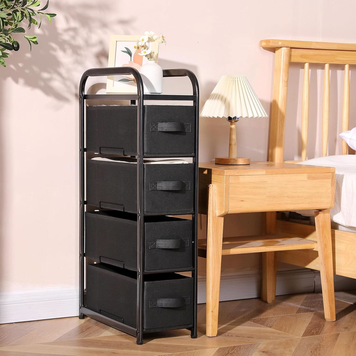 4 Drawer Narrow Fabric Dresser Storage Tower With Wood Top Black