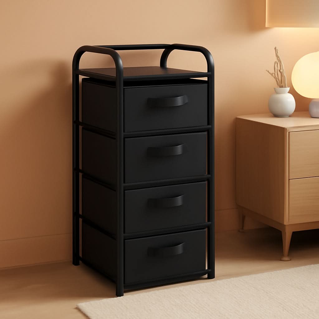 4 Drawer Narrow Fabric Dresser Storage Tower With Wood Top Black